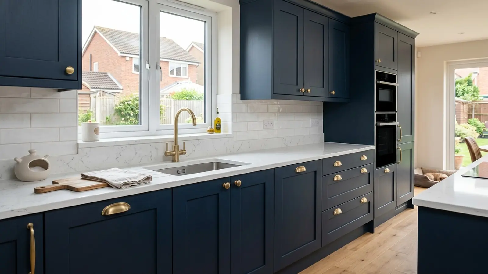 Resprayed kitchen cabinets in a soft neutral colour
