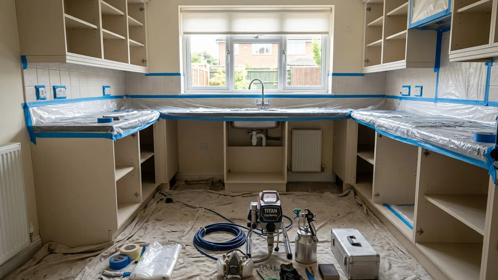 Kitchen masked and sheeted ready for spraying